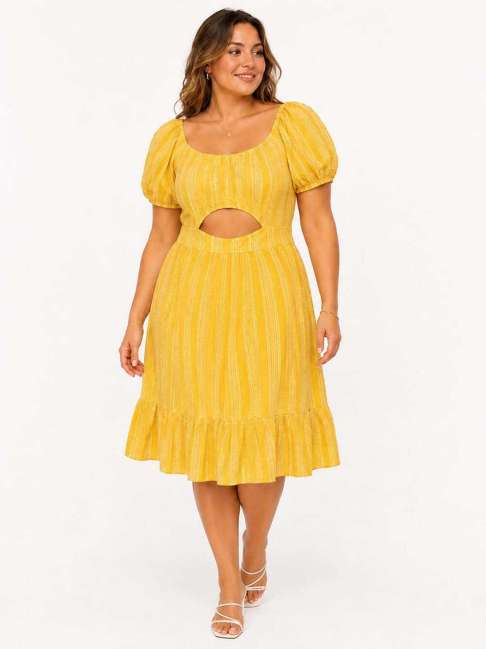 Bebop Yellow Striped Puff Sleeve Cutout Ruffle Hem Midi Dress